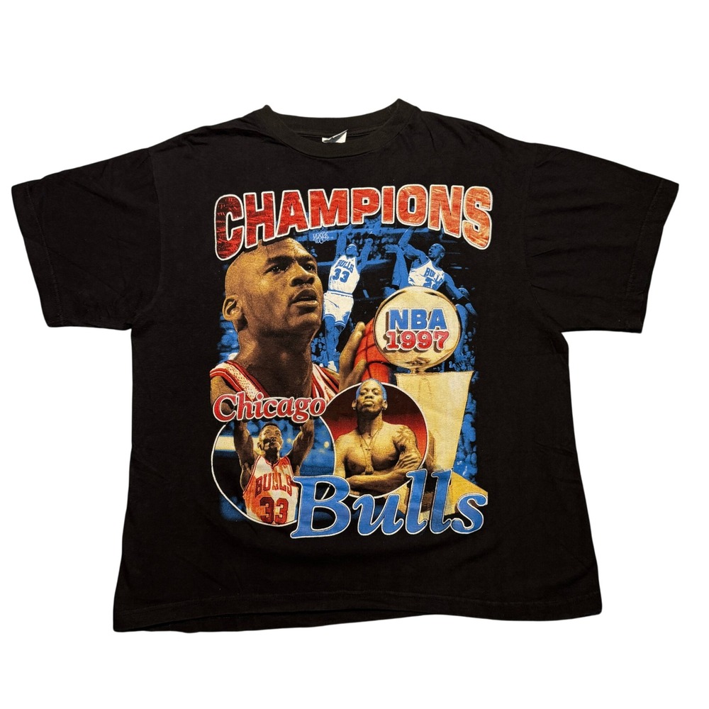 Vintage 1997 Chicago Bulls NBA Champions T-Shirt Rap Tee Jordan Rodman XL Black